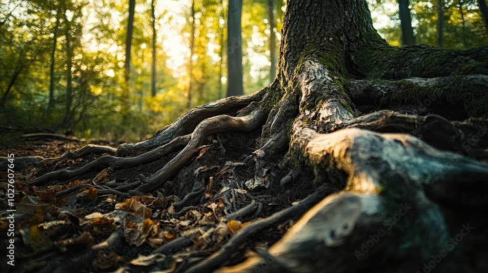 Poster close-up view of a tree's roots in a forest. the roots are thick and gnarled, and they extend out fr