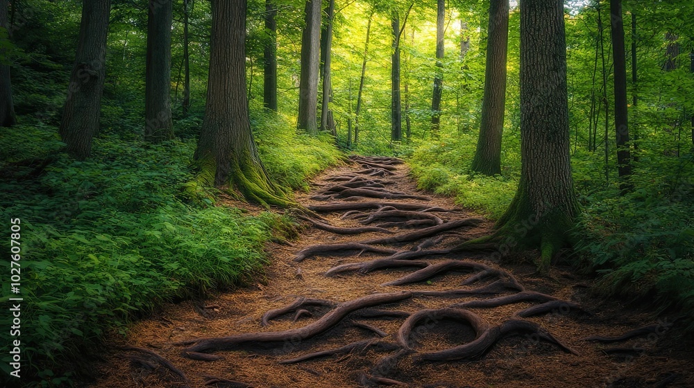 Poster a winding path through a lush forest, with exposed tree roots creating a natural obstacle.
