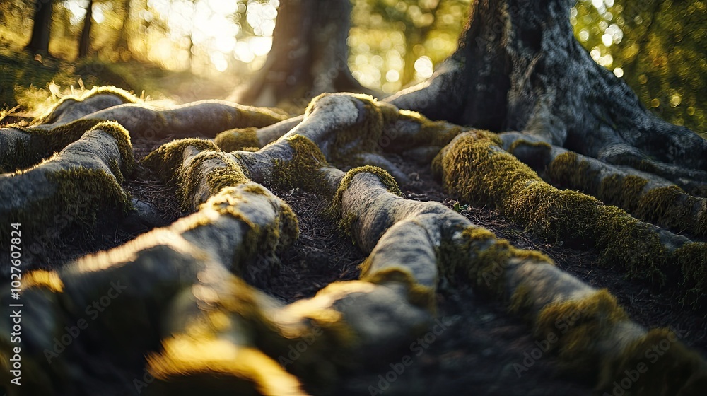 Poster a low angle view of tree roots covered in moss with the sun shining through the branches.
