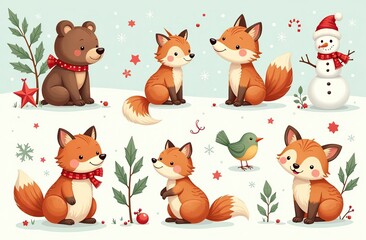 Christmas collection with cute animals: bear, fox, squirrel, bird, Santa Claus, Snowman and christmas decorative elements