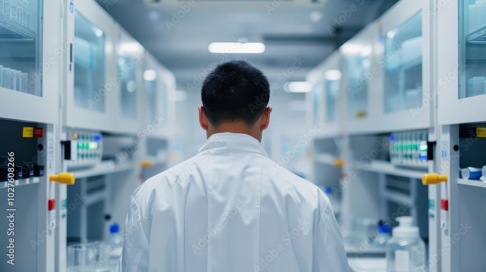 Poster rear view of a scientist walking down a laboratory corridor.