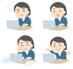 パソコンで作業している女性のイラスト塗りセット