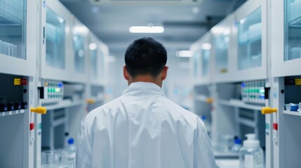 Rear view of a scientist walking down a laboratory corridor.