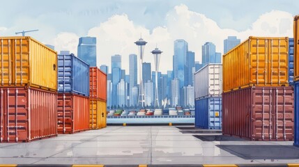 Colorful shipping containers at a harbor with a cityscape in the background.