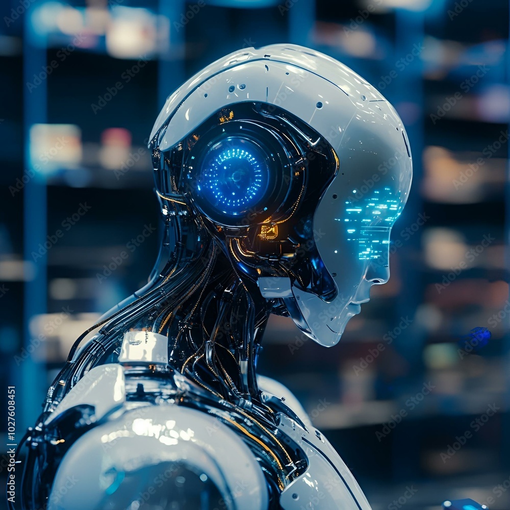 Aufkleber futuristic humanoid robot in a high-tech lab with glowing circuits