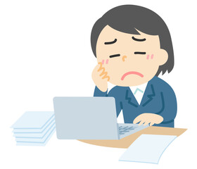 書類の山にパソコンの前で悩む女性の塗りイラスト