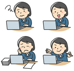パソコンで作業している女性のイラストセット