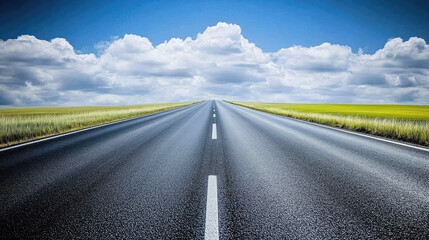 Naklejka premium Endless Highway Through Lush Green Fields Under a Blue Sky