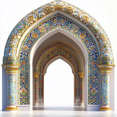 Ornate archway with colorful mosaic tiles and gold accents leading to a white background.