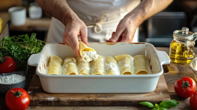 Chef filling cannelloni pasta tubes with ricotta cheese and placing them in a baking dish.