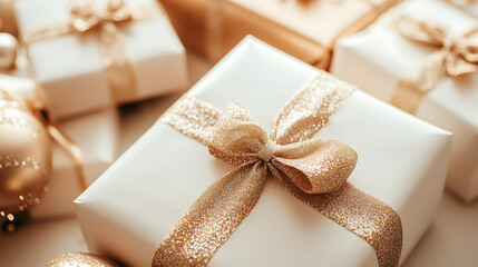 Close-up of holiday gifts with shimmering bows and delicate ornaments