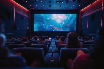 A cozy movie theater buzzes with excitement as audiences enjoy a thrilling film on a large screen in comfortable seats while relaxing. Generative AI