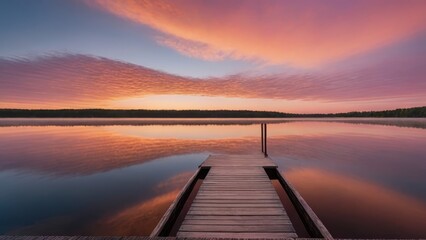Fototapeta premium A wooden dock extending into a calm lake during sunrise, with beautiful pink and orange hues reflecting off the water. The peaceful morning atmosphere is perfect for a serene start to the day.
