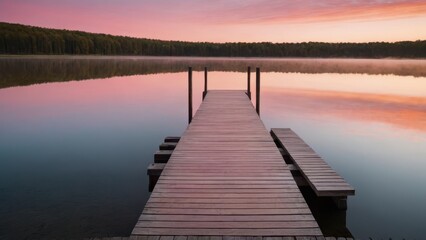 Fototapeta premium A wooden dock extending into a calm lake during sunrise, with beautiful pink and orange hues reflecting off the water. The peaceful morning atmosphere is perfect for a serene start to the day.