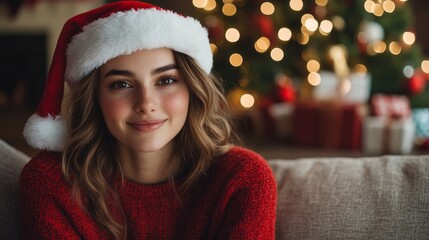 A young woman with wavy, light brown hair, wearing a Santa hat and red sweater, sits on a beige couch. The warm glow of a Christmas tree with lights and presents in the background adds to the festive 