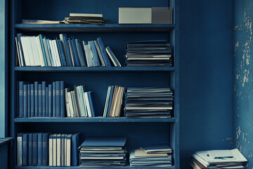 Blue Bookshelf with Stacked Books - Interior Design