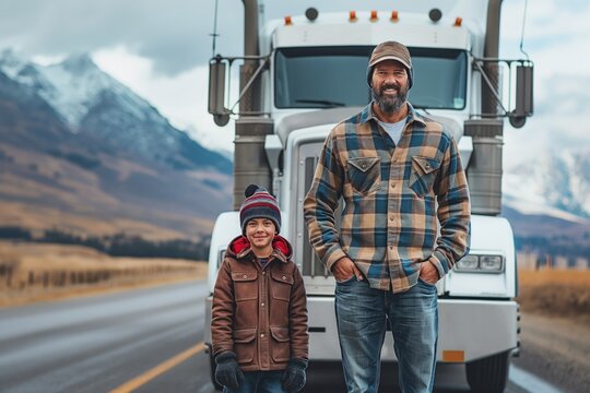 Father and son satisfied trucker. family business. long distance cargo delivery. son does the same thing as father. truck drivers