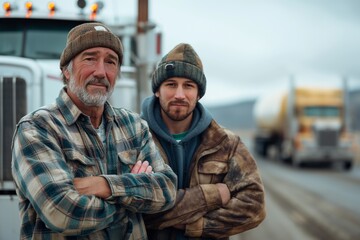 Father and son satisfied trucker. family business. long distance cargo delivery. son does the same thing as father. truck drivers