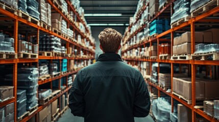 Obraz premium Warehouse worker looking at shelves with goods, high-angle wide shot