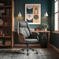 A blue office chair with a large letter a on it.