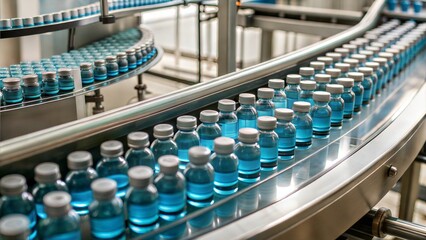 Obraz premium Vials on conveyor belt in pharmaceutical manufacturing facility.