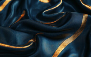 A close-up of luxurious blue fabric with a golden stripe, showcasing texture and elegance.