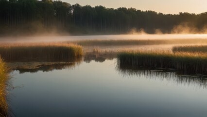 Fototapeta premium A serene morning scene by a lake with reeds and grasses bathed in golden light as the sun rises. The mist over the water creates a peaceful and atmospheric landscape