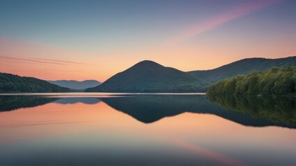 Obraz premium A tranquil sunrise at a small lake surrounded by lush green hills, with pastel pink and blue hues in the sky reflecting on the calm water. The serene atmosphere creates a perfect natural harmony