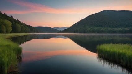 Obraz premium A tranquil sunrise at a small lake surrounded by lush green hills, with pastel pink and blue hues in the sky reflecting on the calm water. The serene atmosphere creates a perfect natural harmony