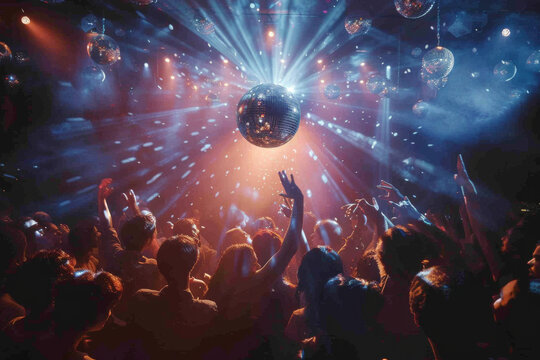 Crowd dancing under colorful lights at a lively party or concert