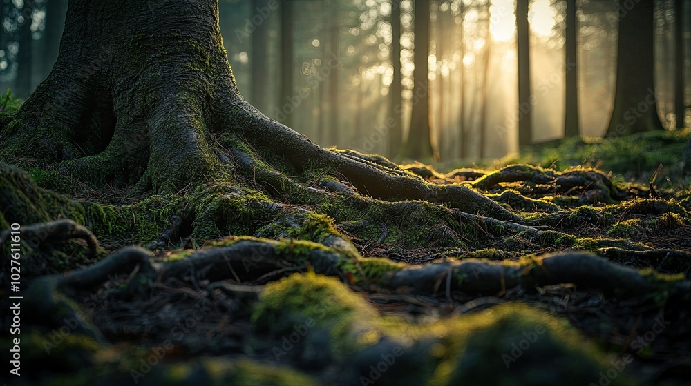 Poster sunlight filtering through the trees in a forest, illuminating a thick layer of moss on tree roots.