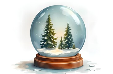 Christmas snow globe with fir trees inside, on a light watercolor background