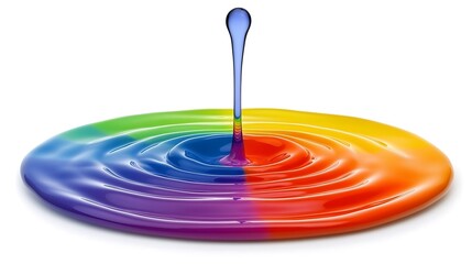 A single drop of blue liquid falls into a colorful circular pool, creating ripples.