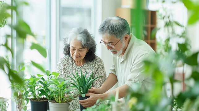 Couple caring houseplants at home. Asian mature man and woman with green plants