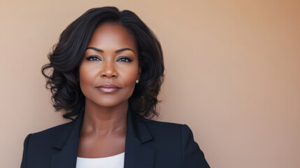 Portrait of confident middle aged black woman in suit with neutral background