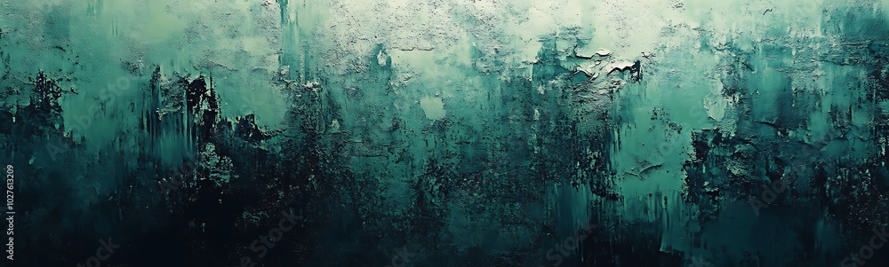 Poster abstract artwork featuring a textured, moody blend of deep greens and blues, evoking a sense of dept
