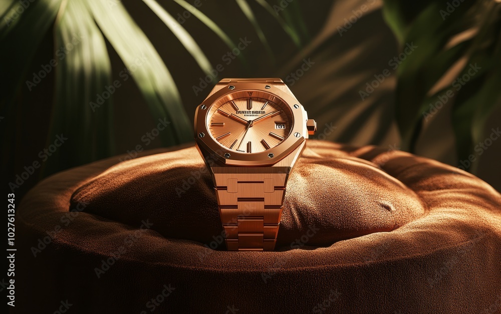 Poster a stylish watch displayed on a soft surface, illuminated by warm light with a backdrop of greenery.
