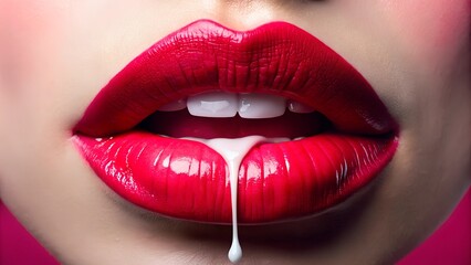Obraz premium Close-up of glossy red lips with a droplet of moisture, vibrant pink background.
