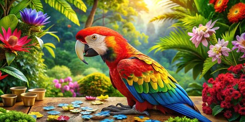 Colorful Parrot Assembles Puzzle Against a Bright Tropical Backdrop