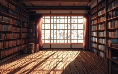 Fototapeta premium A cozy library with wooden shelves, sunlight streaming through large windows, creating a warm atmosphere.