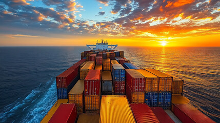 cargo ship glides across the vast, open sea, symbolizing global trade, connectivity, and the journey of goods. Its silhouette against the horizon evokes a sense of adventure and exploration