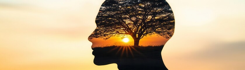 Head silhouette blending with sunset landscape, tree and yellow sun close up, focus on, copy space warm light, Double exposure silhouette with reflective creativity