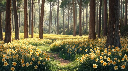 Obraz premium A Sun-Dappled Path Through A Forest of Daffodils