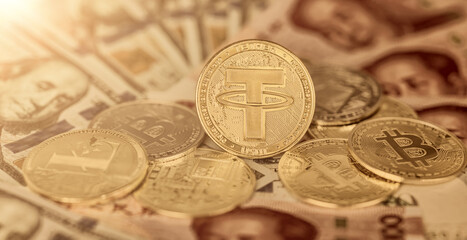 usdt between other coins on bank notes gold background