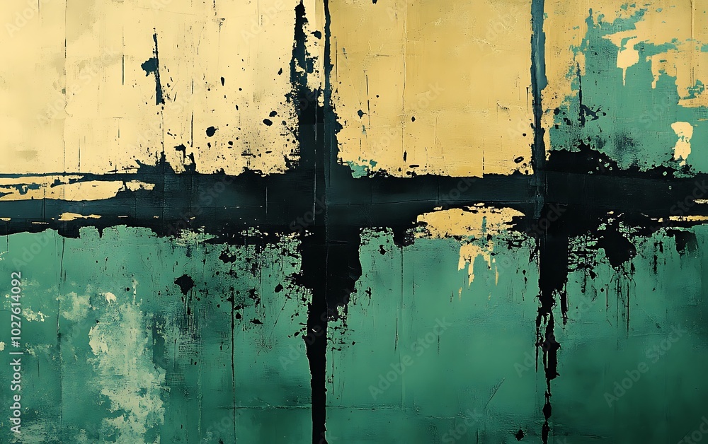Poster an abstract canvas artwork featuring a blend of dark paints and golden textures, creating a dynamic 