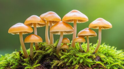 Colorful Mushrooms on Green Moss Background