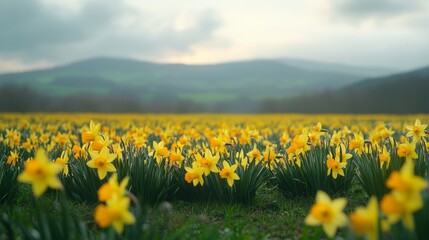 Fototapeta premium Yellow Daffodils Blooming in a Field with a Mountainous Background
