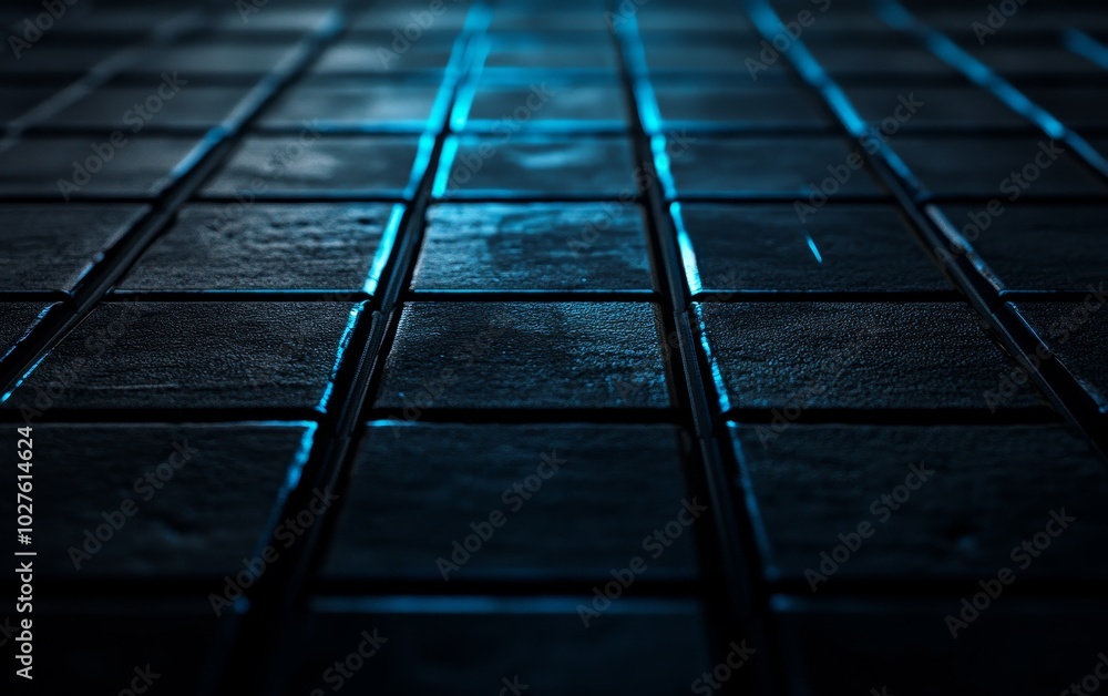 Poster a close-up view of textured tiles illuminated by blue light, creating a moody atmosphere.