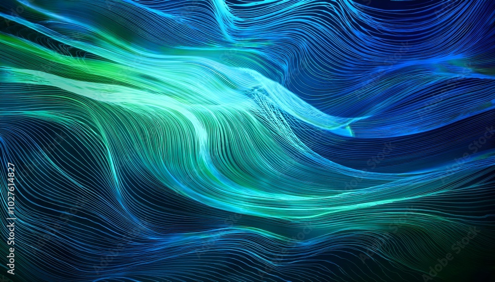 Poster create an abstract background featuring flowing wave pattern in shades of blue and green.