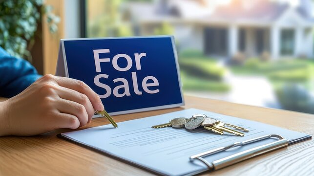 A real estate agent's desk with a laptop open to a property listing, house keys neatly placed on top of a contract, and a "For Sale" sign propped against the wall